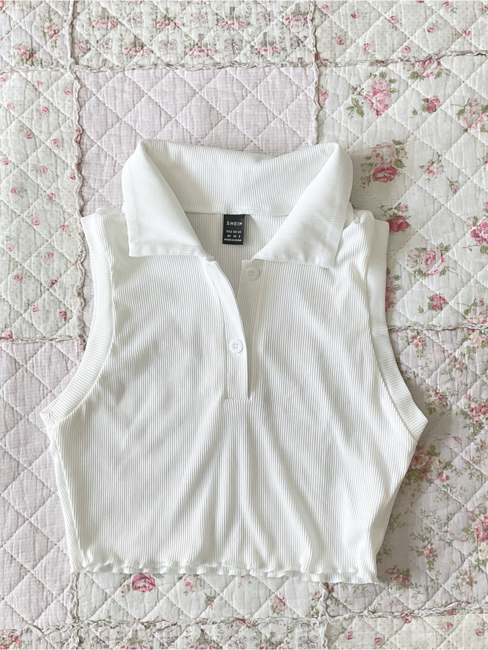 SHEIN White Ribbed Polo Crop Tank